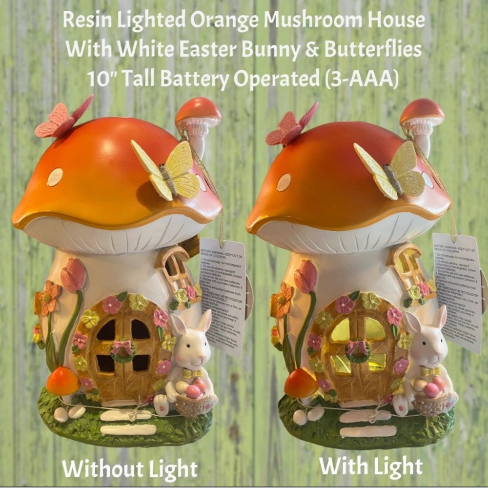 Easter Bunny Rabbit Mushroom House With Butterfly Lights Up
Battery Operated 10"